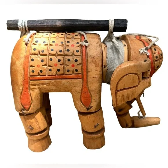 Vintage Hand Carved Wood Elephant String Marionette Puppet Decor